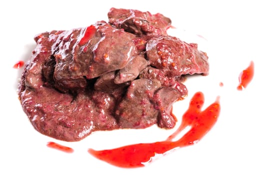 Prepared chicken liver in raspberry sauce, on white background