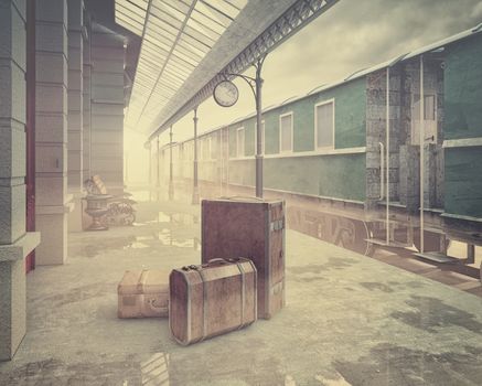 fog on the retro railway  train station .Vintage color style 3D concept