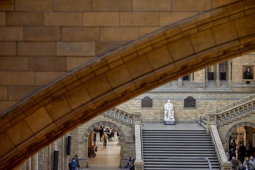 LONDON, UK - DECEMBER 11: Detail of arch at the Natural History Museum, with statue of Charles Darwin framed at the corner at Natural History Museum. December 11, 2014 in London. 