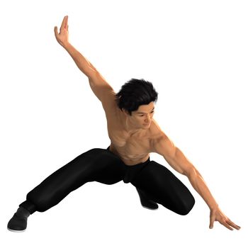 3D digital render of a young Asian man exercising martial arts isolated on white background