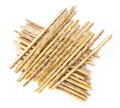 pile of pretzel sticks on white background.