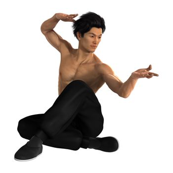 3D digital render of a young Asian man exercising martial arts isolated on white background