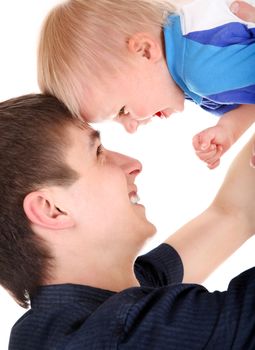 Happy Young Father and Baby Isolated on the White Background