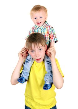 Happy Kid and Baby Boy Isolated on the White Background