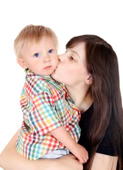Young Mother kiss a Child Isolated on the White Background