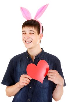 Teenager with Bunny Ears and Red Heart Shape on the White Background