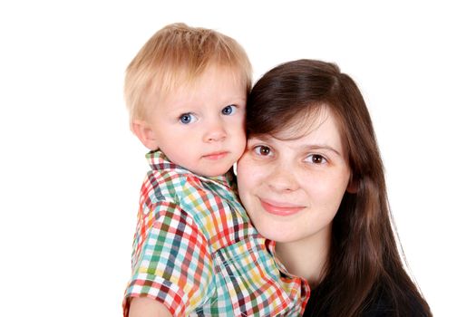Young Mother and Child Portrait Isolated on the White Background