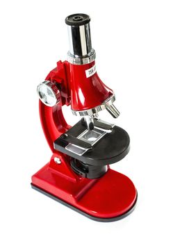 Modern red Microscope isolated on white background