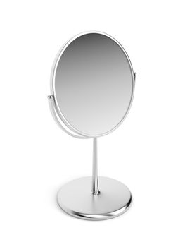 Silver magnifying mirror on white background