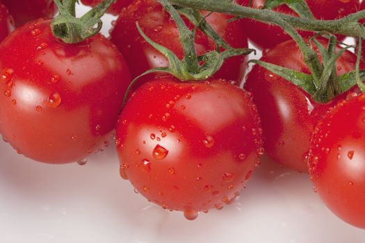 closeup of fresh cherry tomatoes with waterdrops on white