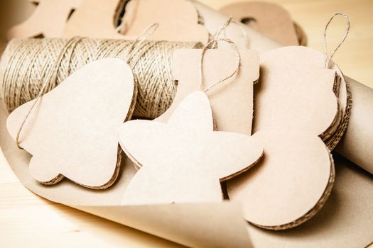 Cardboard toys for the Christmas tree or Christmas garland. Christmas decorations. Selective Focus