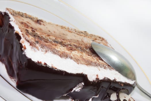 Close view of chocolate cake on the plate.