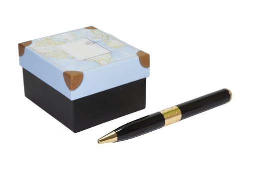 Gift box and pen on white background.