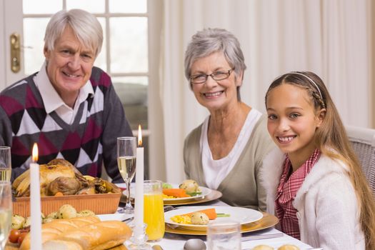 Portrait of grandparents and daughter during christmas dinner at home in the living room