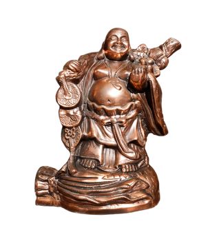 Copper statue of Hotei Japanese deity symbolizing good luck and prosperity, isolated on a white background