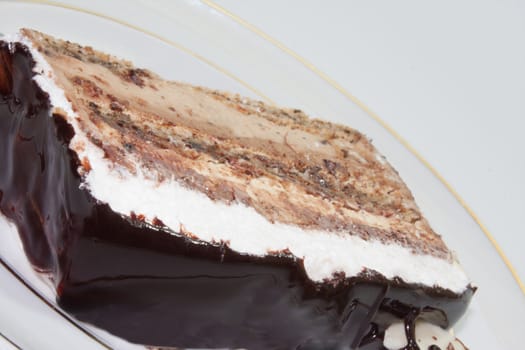 Close view of chocolate cake on the plate.