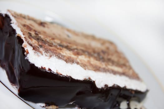 Close view of chocolate cake on the plate.