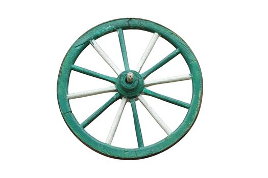 traditional old cart wooden wheel. green painted, isolation over white