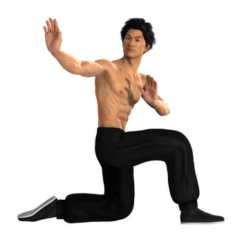 3D digital render of a young Asian man exercising martial arts isolated on white background