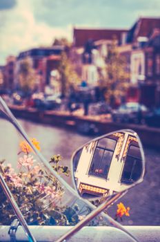 Netherlands Apartment Reflected In Moped Mirror Near A Canal
