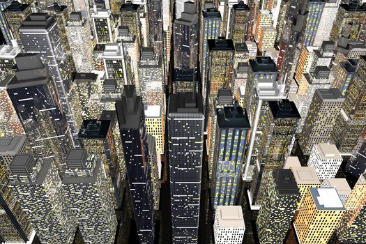 Generic urban architecture and skyscrapers forming a huge city. 3D rendered Illustration.
