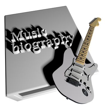 Music biography book with electric guitar, 3d render