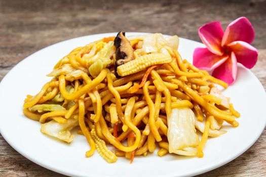 fried noodles japanese yakisoba, vegetarian food thai style.