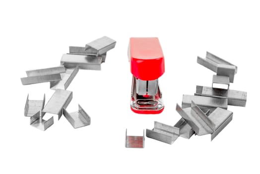 Little red stapler on white isolated background, facing the viewer, and surrounded by staples.