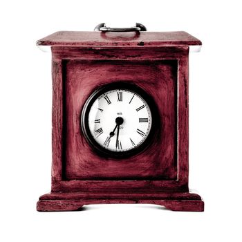 Old wooden clock on white background.