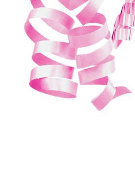 Three Pink Hanging Curly Party Streamers isolated on white background