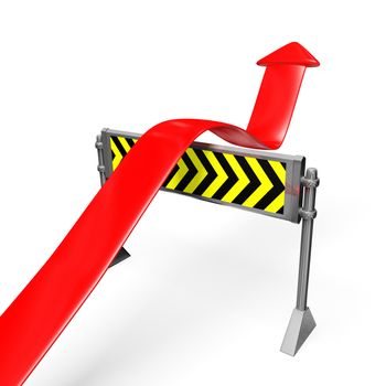 This 3D illustration shows a business or financial growth arrow crossing over a road block barrier of hurdle. The image will find use in business, financial, career or personal growth concepts.
