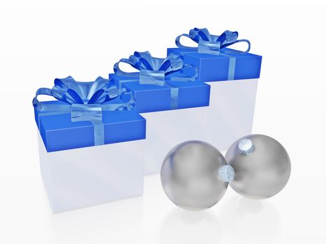 Three gift boxes with blue lids and blue ribbon bows along with two silver Christmas bauble balls. This 3D illustration is suitable for use in festival, celebration, Christmas, New Year, discount sales and gifting concepts. 
