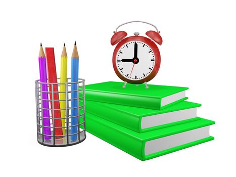 This is a 3D illustration of an alarm clock placed on a stack or pile of green hard bound books, with a chrome pencil holder containing pencils and a measuring scale. This image will find use in study and education concepts like study schedule or homework time.
