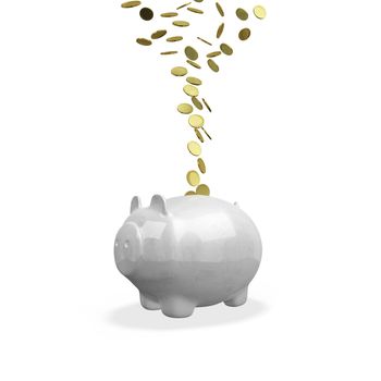 The 3D illustration shows gold coins flowing or falling into a piggy bank, isolated on white. It is ideal for use in business and financial concepts like saving money, increasing earnings and wealth building. 
