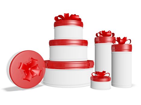The 3D illustration has lots of round gift boxes with red lids and festive bow ribbons. It is ideal for use in festival, celebration, occasion, gifting and discount sales concepts. 
