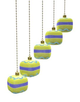 This 3D illustration shows a row of cube shaped Christmas decoration baubles hanging from metal chains. The image will find use in decoration, festivals, celebration, Christmas and new year related concepts.
