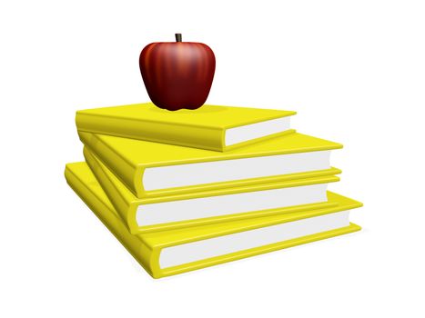 This 3D illustration shows a red apple lying on top of a stack or pile of yellow hard bound books. The image is best suited for education, learning and wisdom related concepts. 
