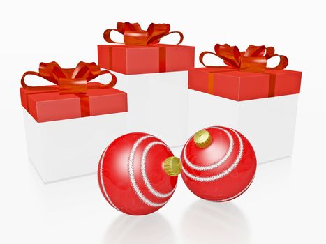 This 3D illustration shows three festive gift boxes with red lids and bow ribbons and two red Christmas decoration baubles or ornaments. Ideal for use in gifting, celebration, discount sales, Christmas and new year concepts. 
