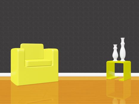 Single yellow sofa or arm chair and a table with two empty flower vases in an empty room with a gray textured wall and wood floor. Can be used for solitude, relaxation, contemplation or interiors concept. The wall can be used as copy space.
