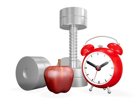 An exercise and fitness 3D illustration showing a pair of chrome dumbbells, a red apple and an alarm clock. Ideal for use in exercising, fitness, sports, bodybuilding and health concepts.
