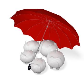 This 3D illustration contains five savings piggy banks in different sizes under a red umbrella. The image is ideal for illustrating financial security, protecting personal savings and secured investments.
