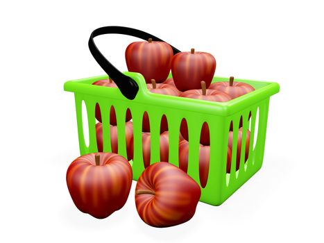 The 3D illustration has a green color plastic Kitchen basket full of red apples and two apples lying outside the basket. The image will find use in healthy eating, agriculture and harvest related concepts.
