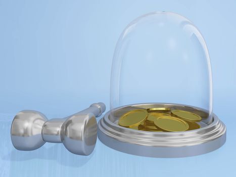 The 3D illustration shows a glass globe type piggy bank containing gold coins and chrome or steel hammer lying along side. It is ideal for use in business and financial concepts like quick money, emergency funds and using savings money. 
