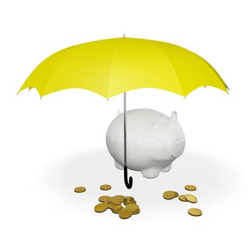 This 3D illustration has an umbrella covering a piggy bank and some scattered gold coins. Ideal for use in business and financial concepts like saving money and  protecting wealth.
