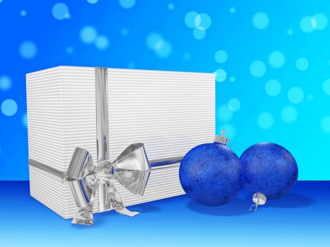 This is a 3D illustration of a striped Christmas gift with a silver ribbon and bow, and blue bauble balls against a bokeh background. It is ideal for festival, celebration, holiday, gifting, Christmas and new year concepts.
