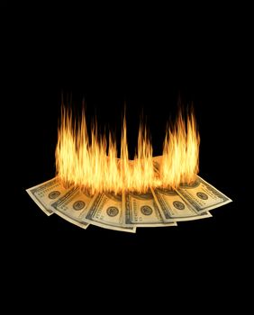 A pile of one hundred dollar bills are burning on a black background