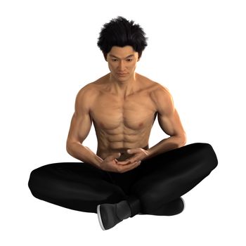 3D digital render of a young Asian man exercising yoga isolated on white background