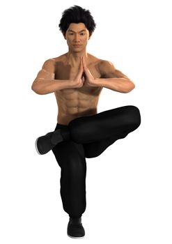 3D digital render of a young Asian man exercising yoga isolated on white background