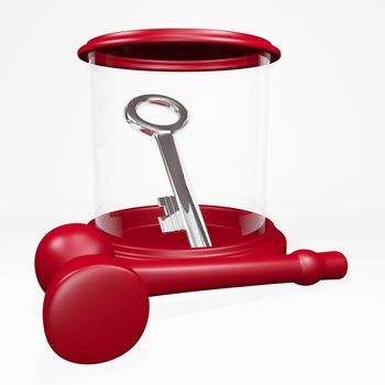 The 3D illustration shows a steel or chrome key placed in a glass display case and a plastic hammer lying along side. This will find use in real estate, conceptual business ideas, security and business solutions related concepts.
