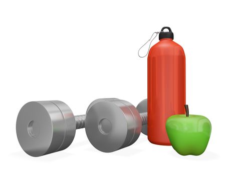 This health and fitness related 3D illustration has a pair of dumbbells, a gym sipping bottle and a green apple. The image is ideal for health, bodybuilding, fitness, exercise and strength training concepts.
